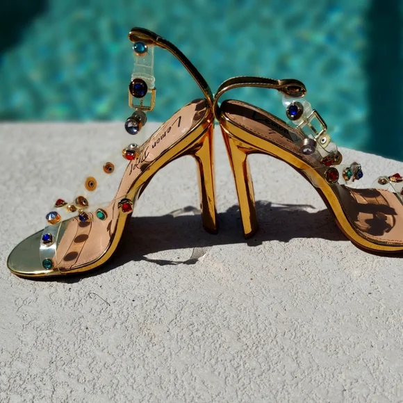 Dainty Minimal Gold Heels With Colorful Stones On Straps - Picture 3 of 14
